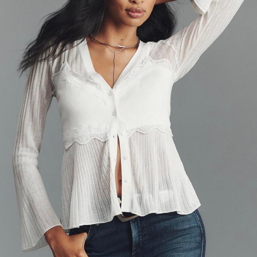 Anthropologie White Sheer Pleated Lace Trim Bell Sleeve Button Front Top Small